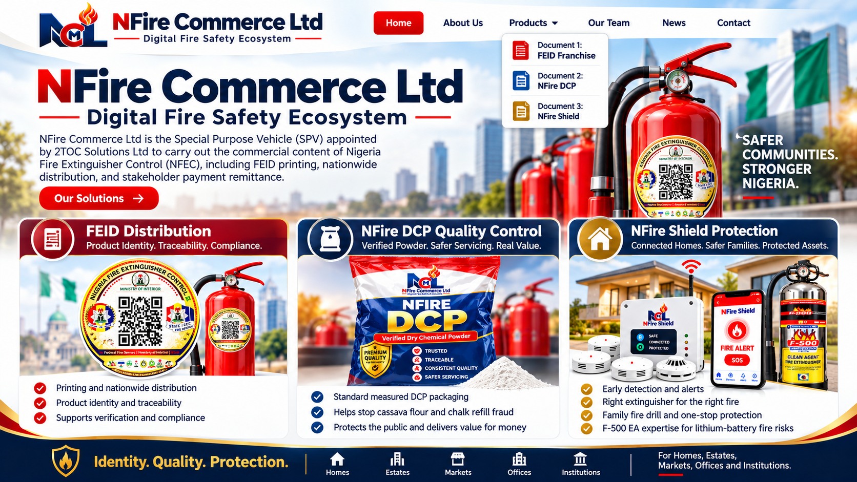 NFire Commerce Ltd approved homepage concept showing FEID, DCP and NFire Shield