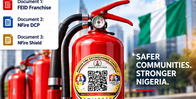 Fire extinguishers carrying illustrative identity verification seals